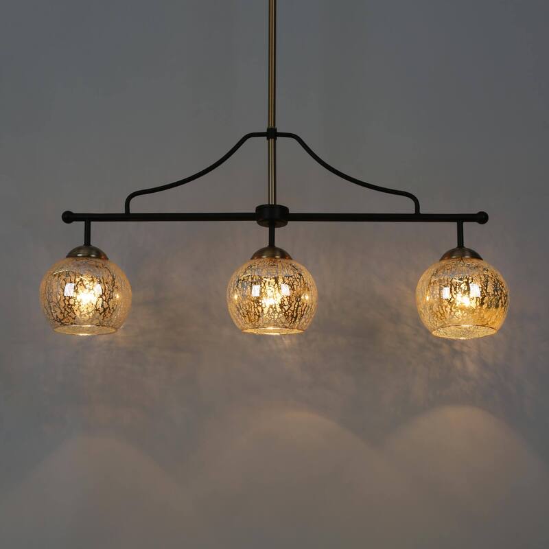 Modern Glam 3/6-Light Black Gold Linear Chandelier Kitchen Island Pendant Lights with Mercury Glass