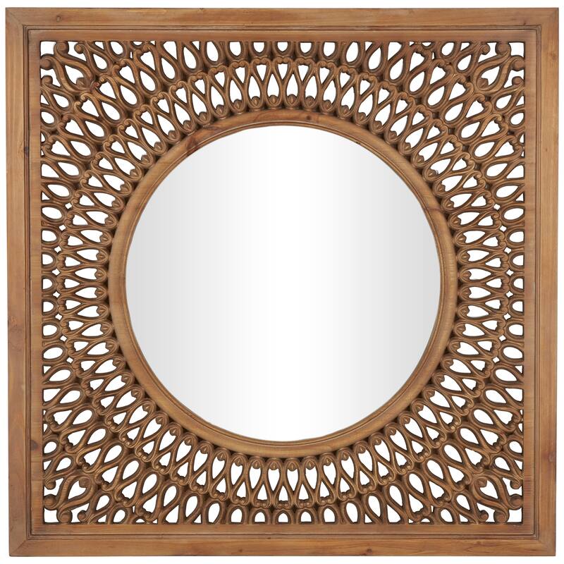 Brown Wood Room Wall Mirror with Carved Scroll Pattern