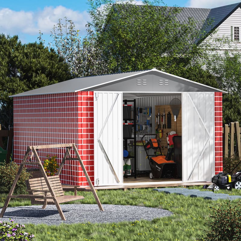 12 x 8 Ft Outdoor Storage Shed, Garden Tool Shed w/ Lockable Doors, Vents,Utility Metal Shed for Backyard Patio - Red