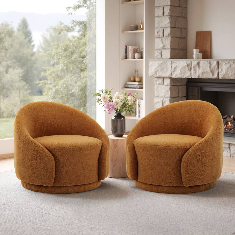 35" W Modern Upholstered Velvet/ Boucle Barrel Swivel Chair - Set of 2 - Red Brown/ Boucle