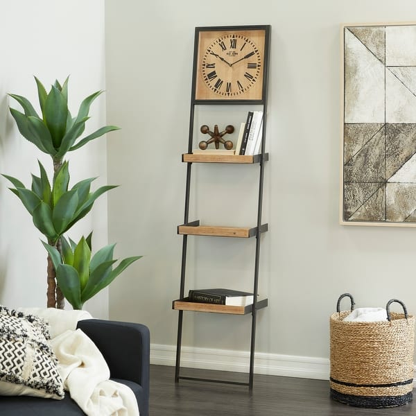 slide 2 of 5, Brown Wood Traditional Silent Clock Wall Shelf