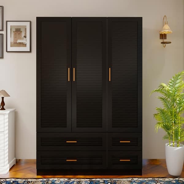 black armoire dresser IdealHouse Bedroom Multifunctional Wooden Dresser with Storage Closet 43.3 in H 2 Door Wardrobe Armoire Closet with 4 Drawers and Hanging Rod Low