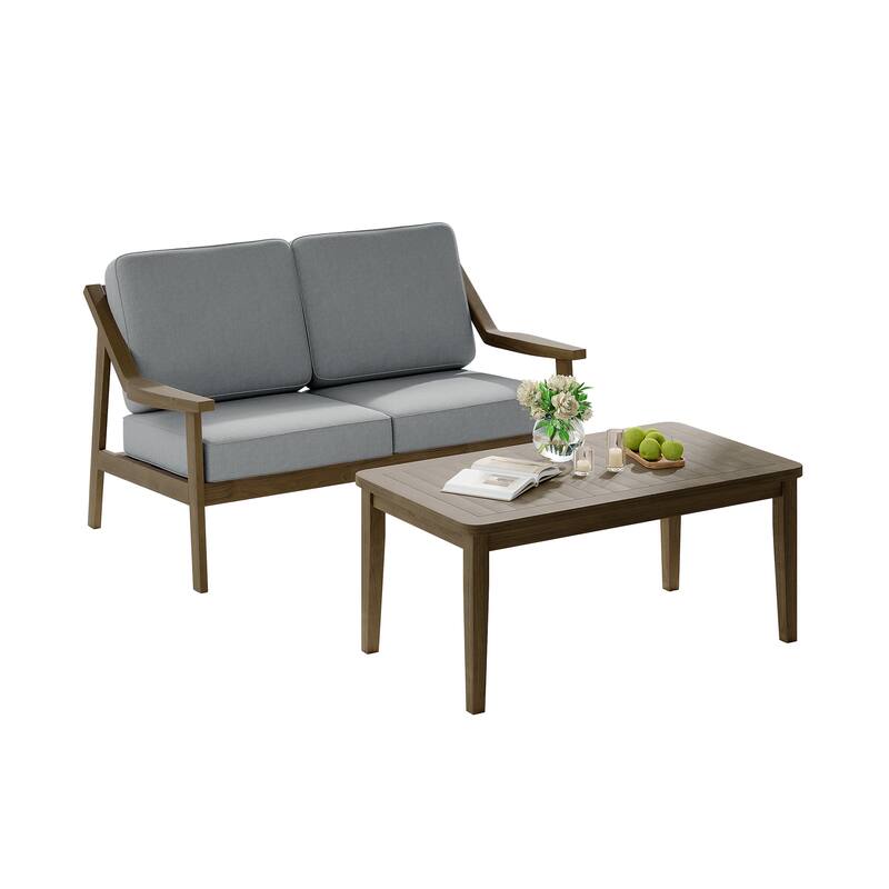 2-piece Brown/ Black Teak Cushioned Patio Loveseat Set with Coffee Table