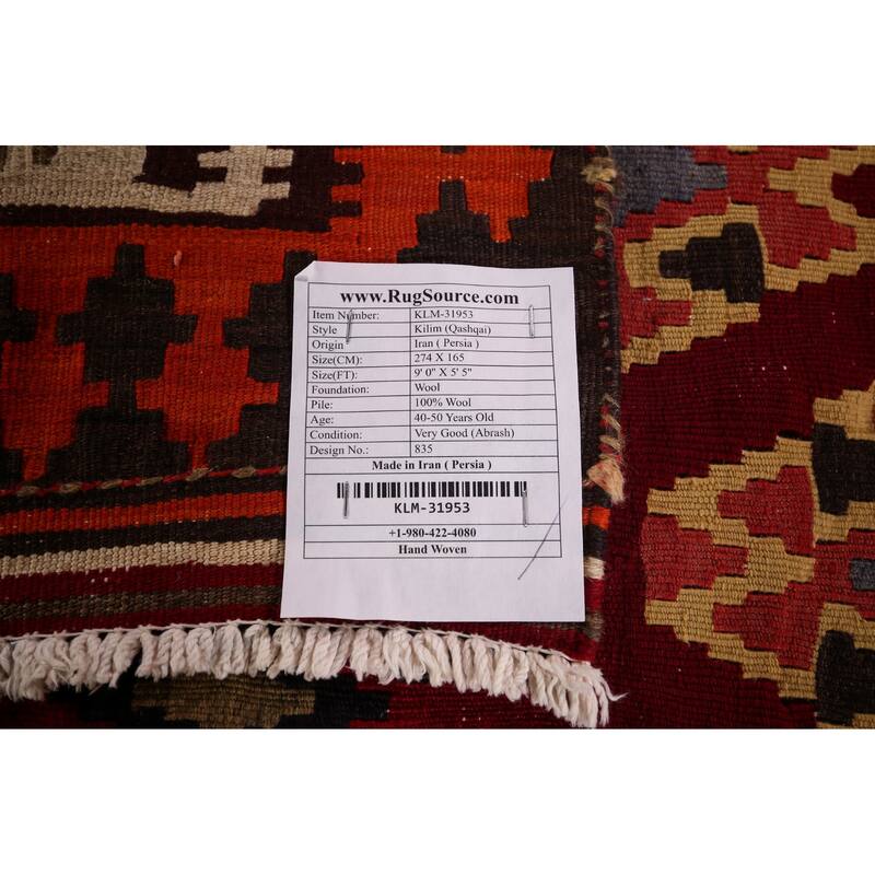 Vegetable Dye Kilim Qashqai Persian Vintage Flatweave Wool Carpet - 5'5" X 9'0"