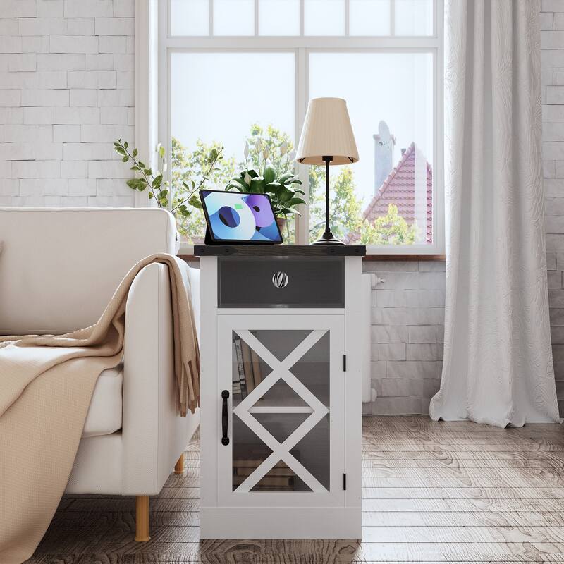 Farmhouse End Table with Charging Station, 15.4"Nightstand with Barn Door & Shelf,Wooden Sofa Side Table with 3-Tier Storage - White