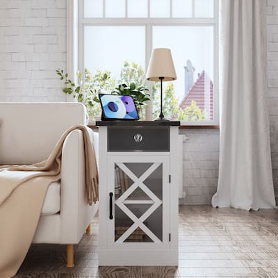 Farmhouse End Table with Charging Station, Nightstand with Barn Door & Adjustable Shelf, Sofa Side Table with 3-Tier Storage