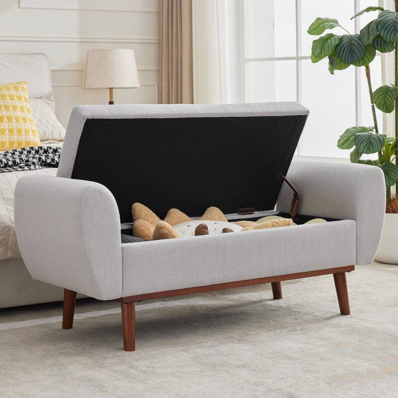 Linen Fabric Storage Ottoman Bench with Hidden Compartment and Rubberwood Legs