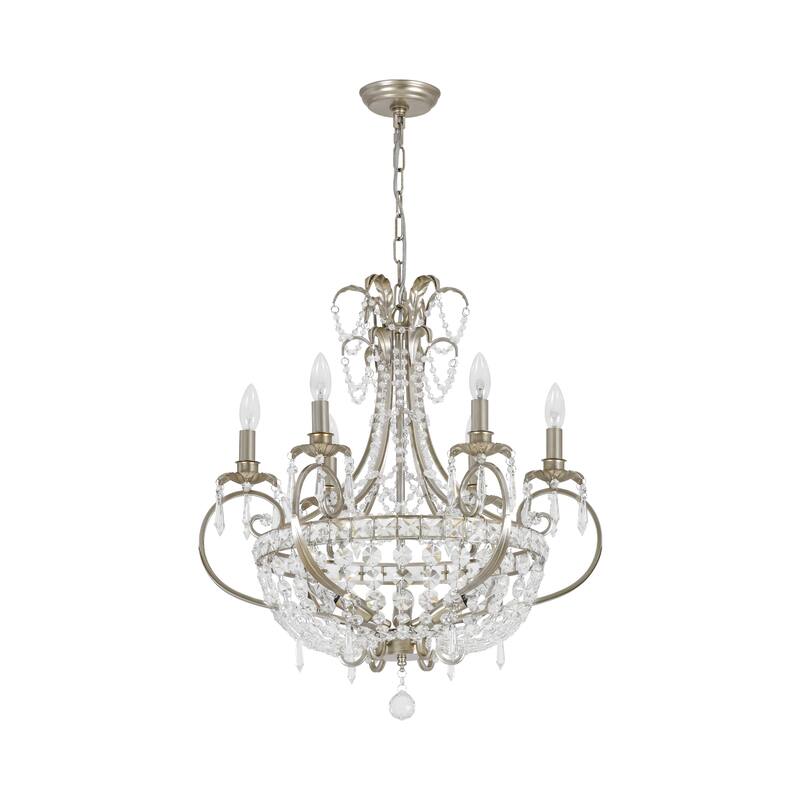 9-Light 24.4" W Crystal Chandelier in Antiqued Brushed Silver with Teardrop Pendants for Use in Living & Dining Room