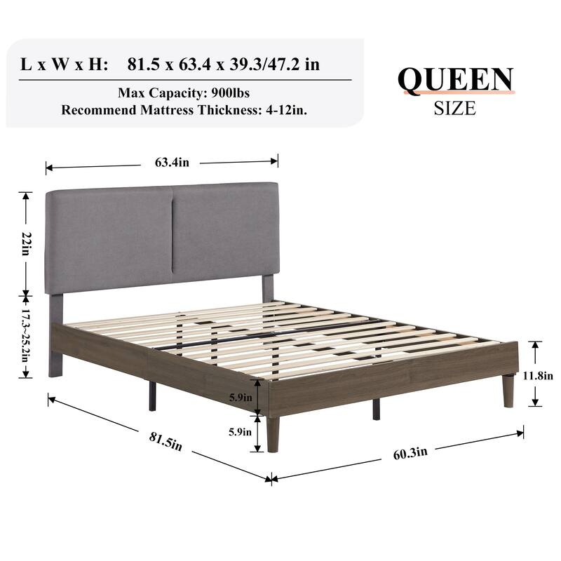 VECELO Upholstered Platform Bed Frame with Adjustable Headboard, Solid Wood Slats, No Box Spring Needed, Twin/Full/Queen Size