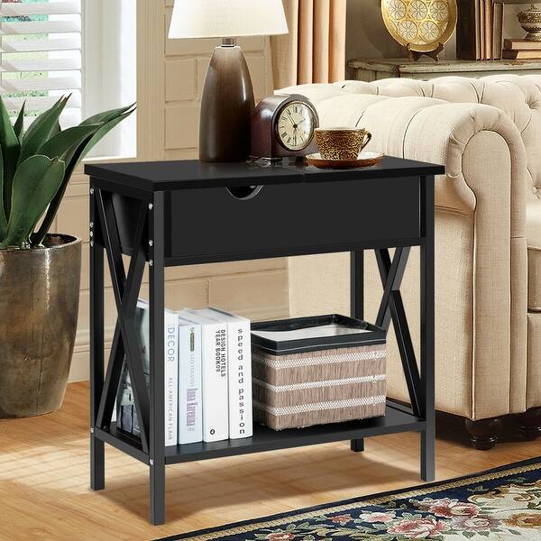 Flip Top End Table Sofa Side Console Table W//Shelf Hidden Hinged Storage Brown