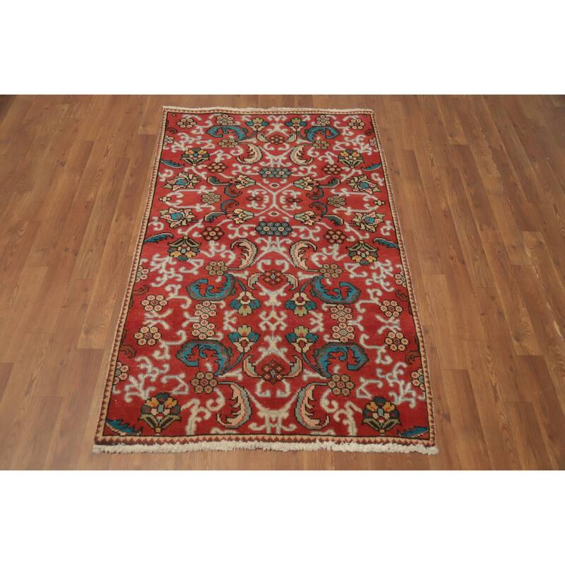 Hand Knotted Oriental 100% Wool Carpet Traditional Floral Red Tabriz Area Rug - 4' 9'' X 3' 1''