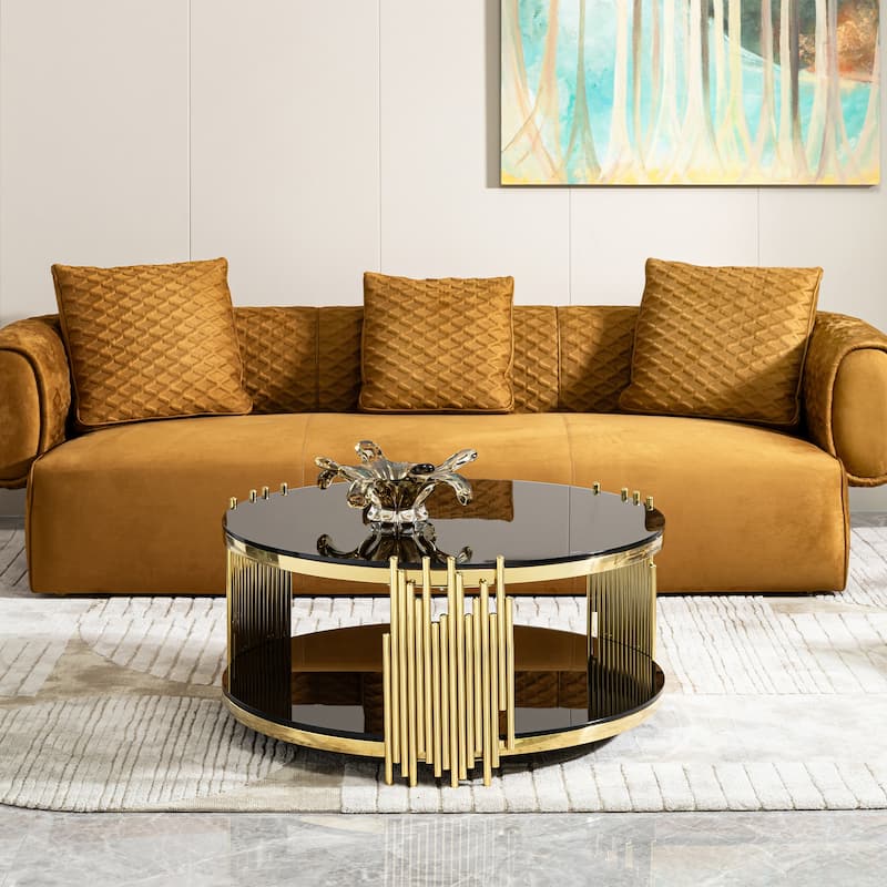Double Layer Black Tempered Glass Top Stainless Steel Round Coffee Table for Living Room - Gold+Black