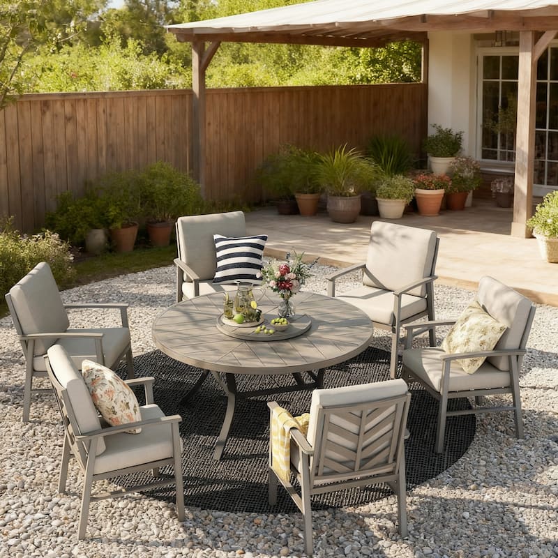Patio Aluminum Round 59.5" Dining Table With Outdoor Chairs - Cappuccino