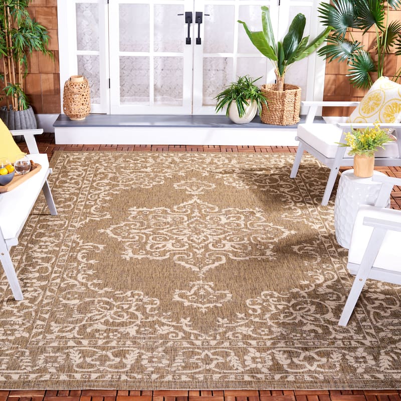 SAFAVIEH Courtyard Divna Medallion Indoor/ Outdoor Waterproof Patio Backyard - 8'x11' - Brown/Cream
