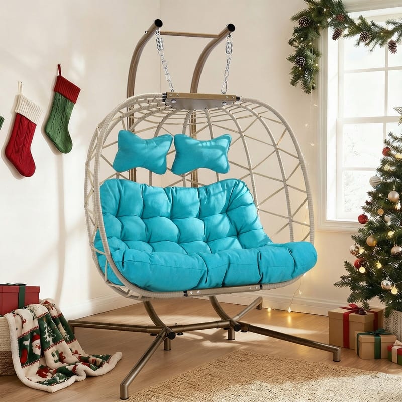 Oversized Outdoor Double Swing Egg Chair, 700 lbs Capacity 2-Person Hanging Egg Chair Swing with Cushion