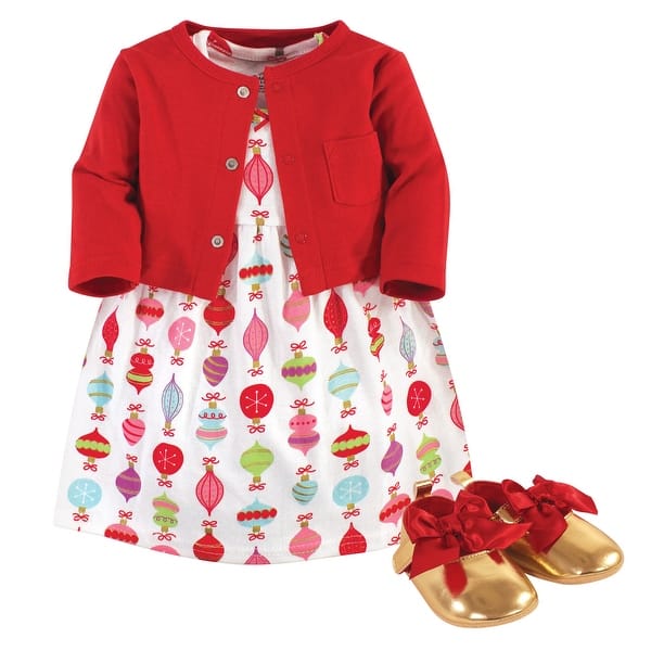 slide 1 of 1, Little Treasure Baby Girl Cotton Dress, Cardigan and Shoe 3pc Set, Glitzmas 0-3 Months - Glitzmas