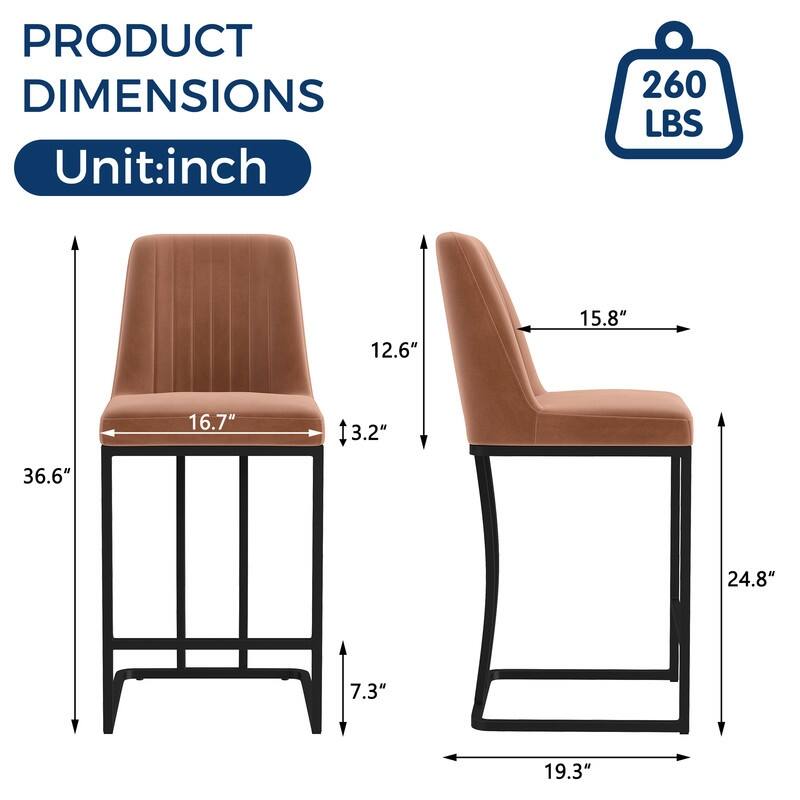 24.8 Inches Modern Cushion Counter Height Bar Stools with Metal Frame Set of 2