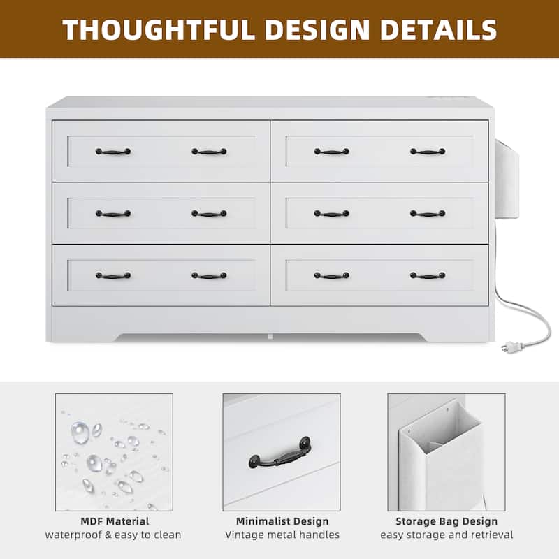Vintage 6 Drawers Double Dresser Chest of Drawers with Charging Station