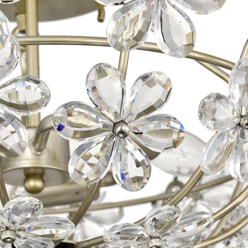Rosa Glam 3-Light 20" Daisy Crystal Glass Flower Blossom Flush Mount - Brushed Silver-ish Champagne