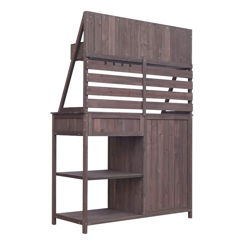 Brown Fir Wood Potting Bench - 5-Drawer Garden Workstation with Slatted Back Panel & Storage Cabinet