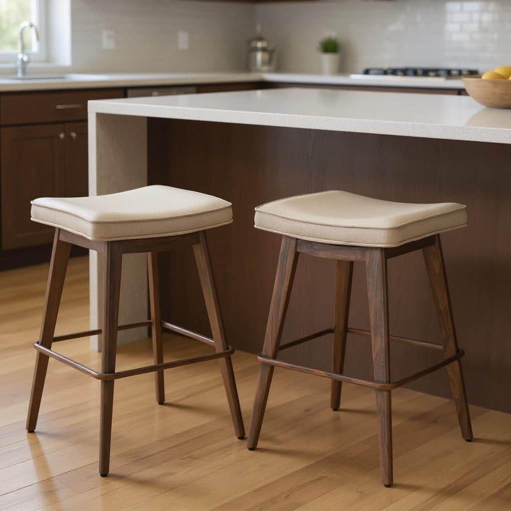 HomeRoots Set of Two 27" Beige and Walnut Faux Leather and Steel Backless Counter Height Bar Chairs