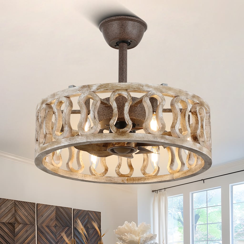 18 Inch Vintage Farmhouse Caged Ceiling Fan with Lights and Remote, 6-Speed Reversible Bladeless Ceiling Fan Fandelier - 18"