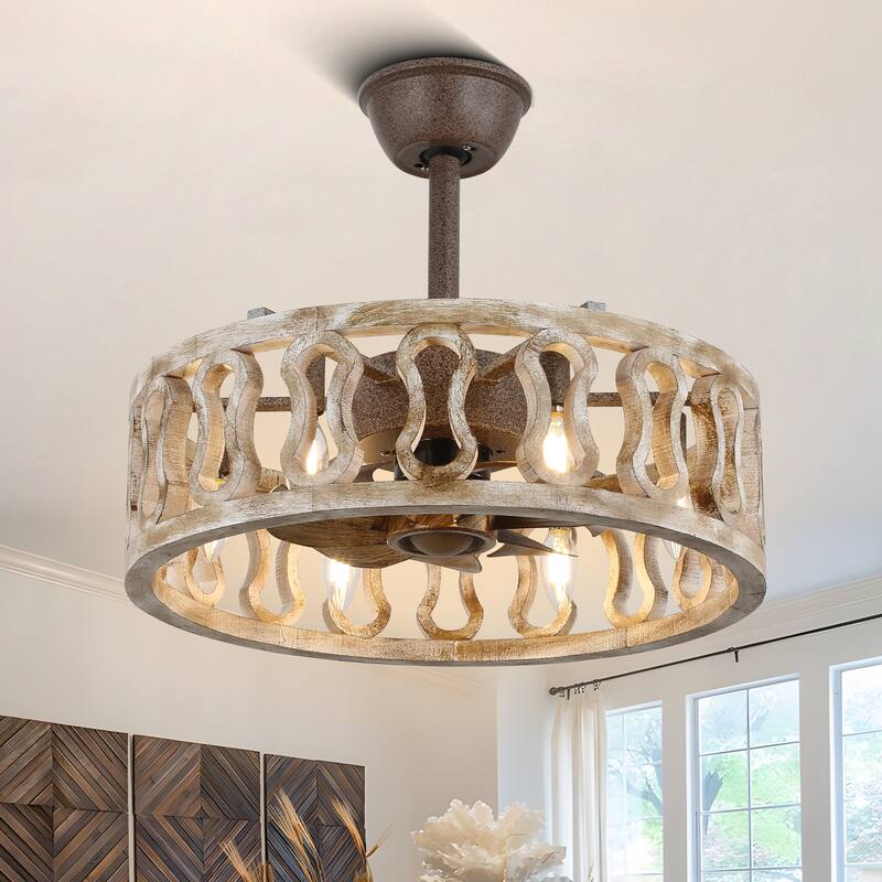 18 Inch Vintage Farmhouse Caged Ceiling Fan with Lights and Remote, 6-Speed Reversible Bladeless Ceiling Fan Fandelier - 18" - 18" - Weathered Wood