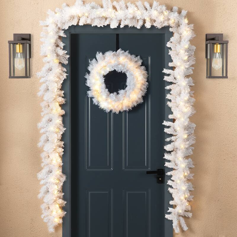 Glitzhome 9ft Pre-Lit White Pine Christmas Garland with Warm White Lights and Timer