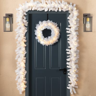 Glitzhome 9ft Pre-Lit White Pine Christmas Garland with Warm White Lights and Timer