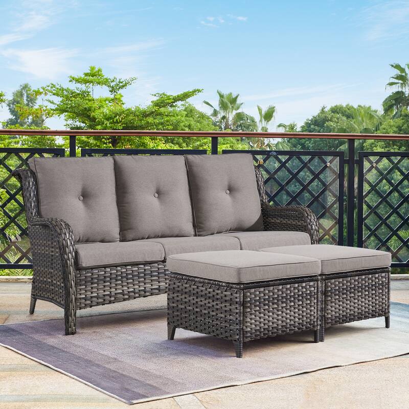Gymojoy 3-Piece Outdoor Patio High-back Wicker Sectional Ottoman Set - Grey/Grey