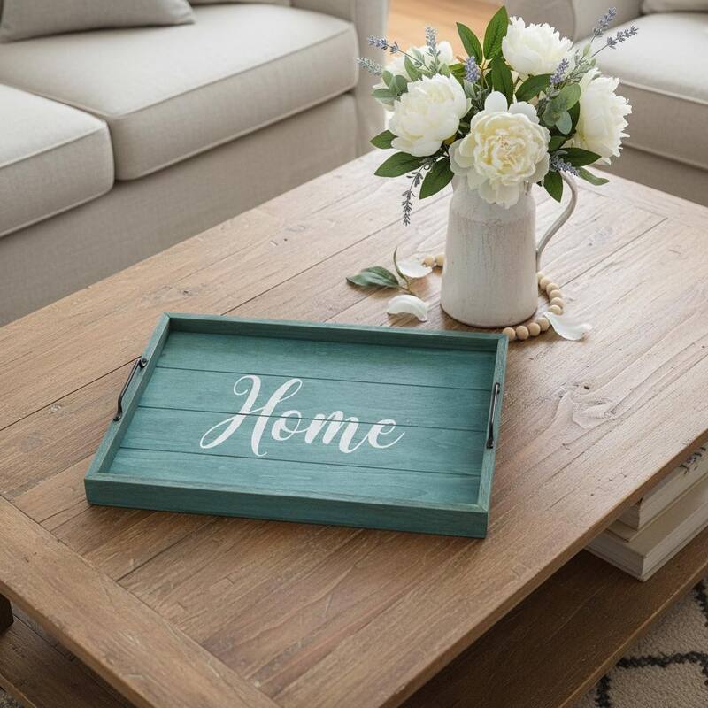 HomeRoots 16" Aqua And White Home Serving Tray With Handles - 15.50 in. x 2.25 in. x 12.00 in. - White/Aqua - 15.50 in. x 2.25 in. x 12.00 in.