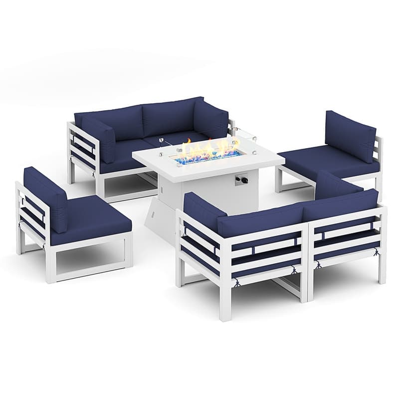 FINCATI Modern 7 Piece White Aluminum Outdoor Furniture Set with Propane/Natural Gas Firepit Table