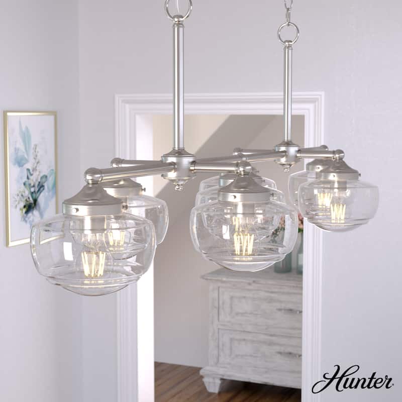 Hunter Saddle Creek Linear Chandelier, Clear Glass, Dining Room Table, Kitchen Island - 7 Light - Brushed Nickel-Clear Seeded Glass