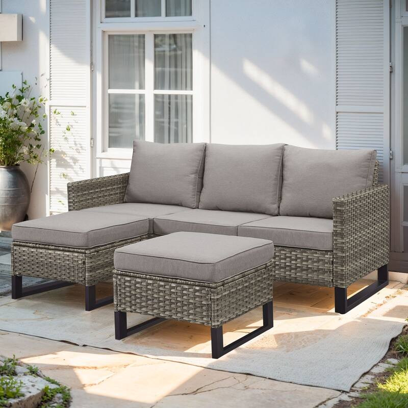 3 Pieces Outdoor Wicker Sofa with Ottomans Grey - Grey - Grey - Grey