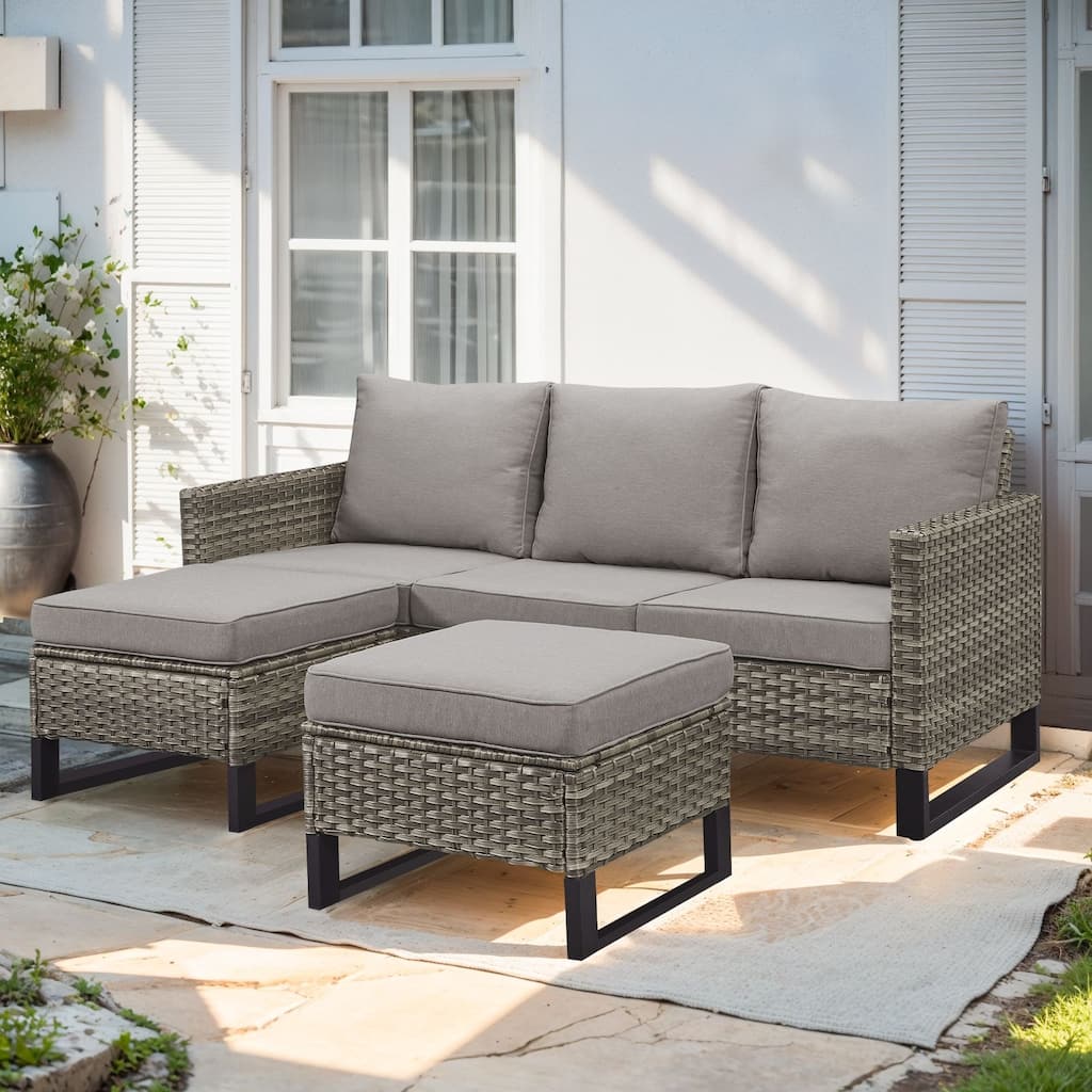 3 Pieces Outdoor Wicker Sofa with Ottomans Grey - Grey