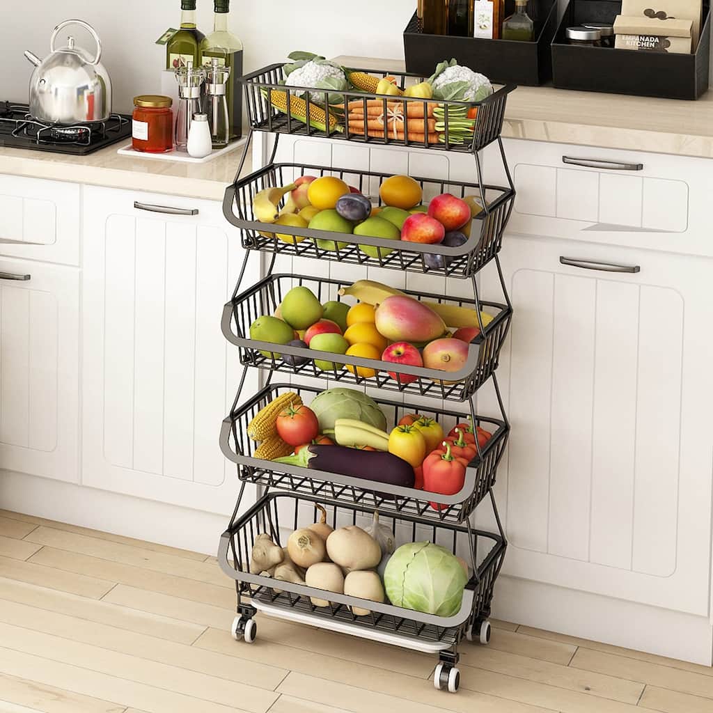 5 Tier, Kitchen Fruit Vegetable Storage Cart, Vegetable Basket Bins for Onions and Potatoes, Wire Storage Organizer Utility Cart