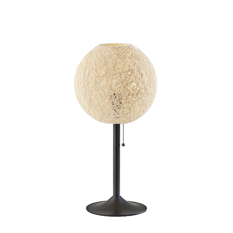 Antiqued Bronze Metal Table Lamp with Off White Rattan Globe Shade and Pull Chain Switch - 12” x 12” x 24” (D x W x H)