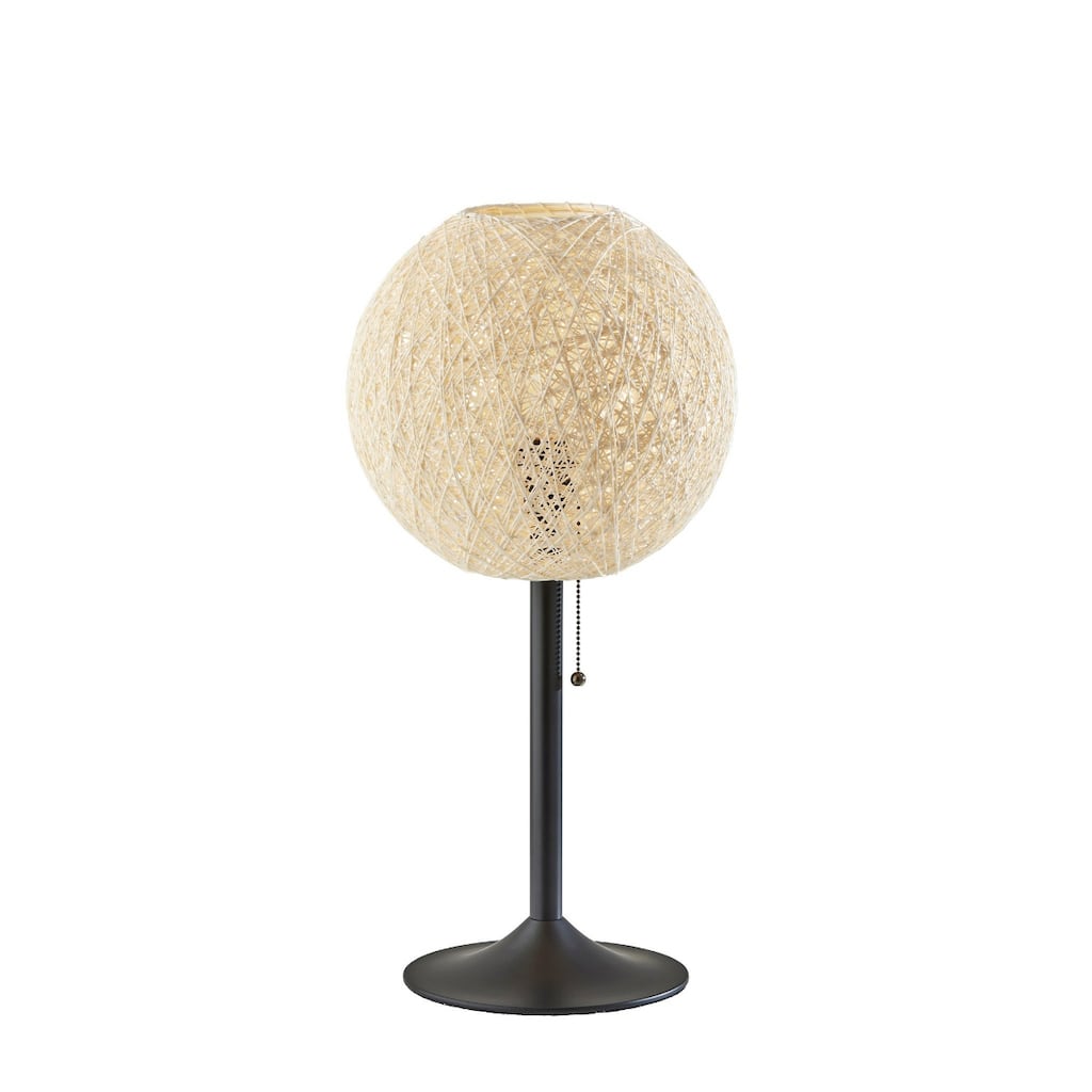 Antiqued Bronze Metal Table Lamp with Off White Rattan Globe Shade and Pull Chain Switch - 12” x 12” x 24” (D x W x H)