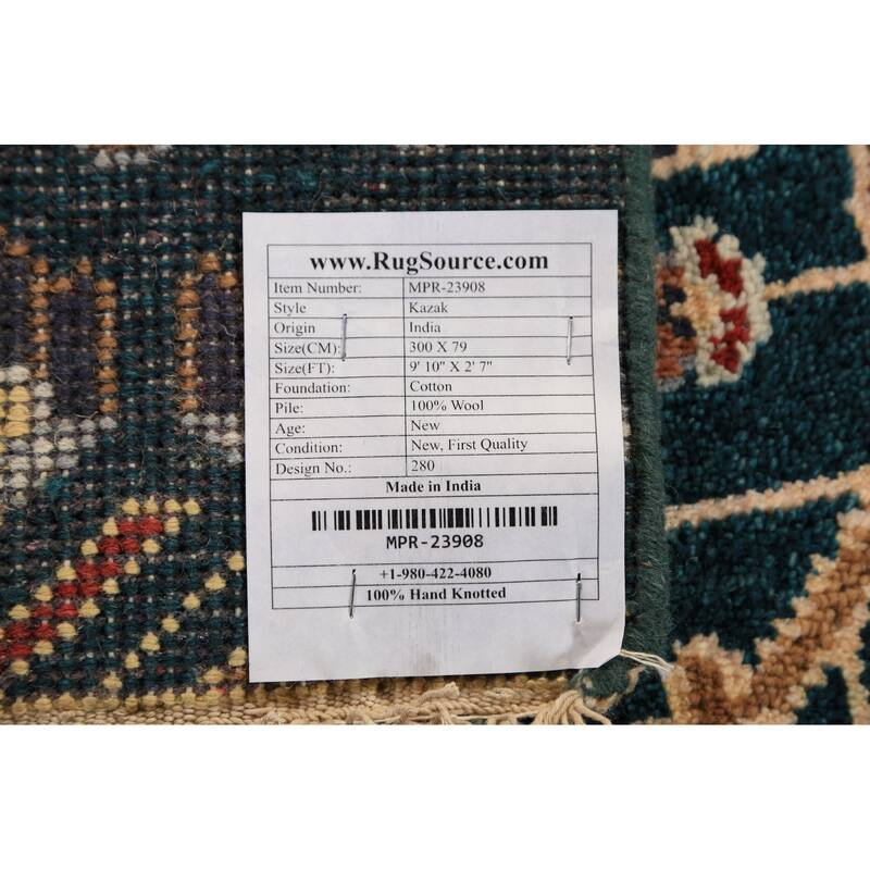 All-Over Green Tribal Kazak Indian Runner Rug Handmade Wool Carpet - 2'7"x 9'10"