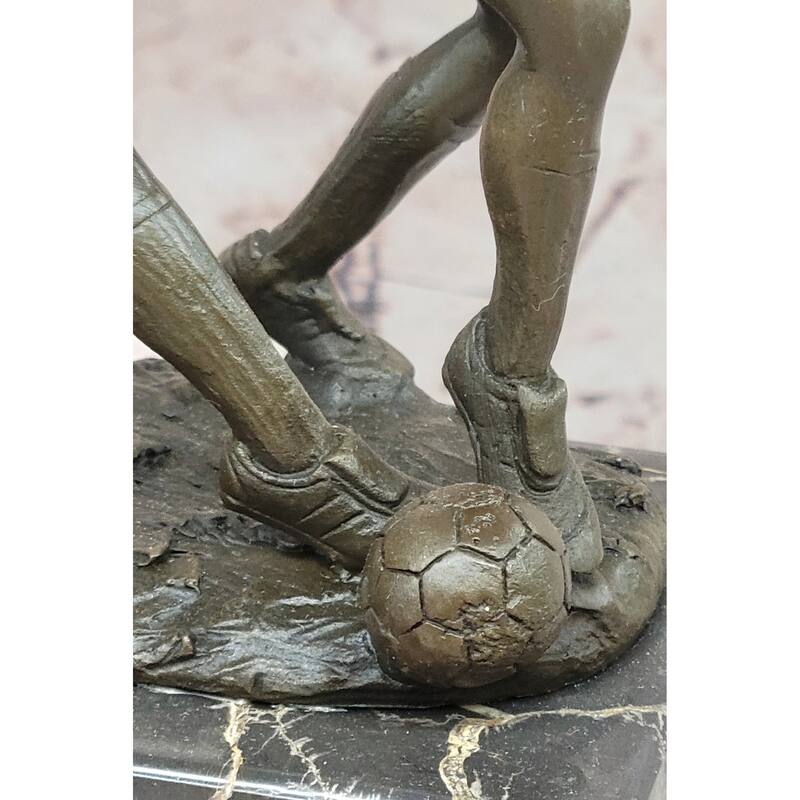 Bronze Soccer Players Sculpture – Dynamic Dual-Player Figurine On Marble Base