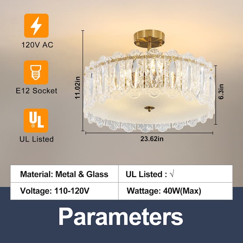 Brass Modern Crystal Semi Flush Mount Ceiling Light for Living Room, Bulbs Included