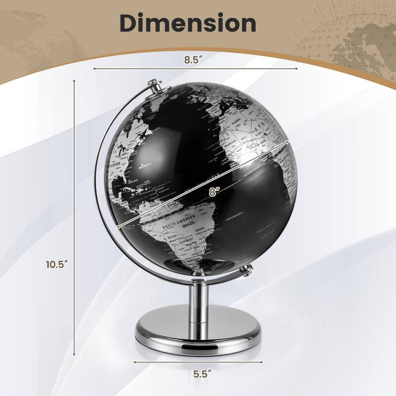 Gymax Metallic Black World Globe 8-Inch Rotating Earth Globe Metal