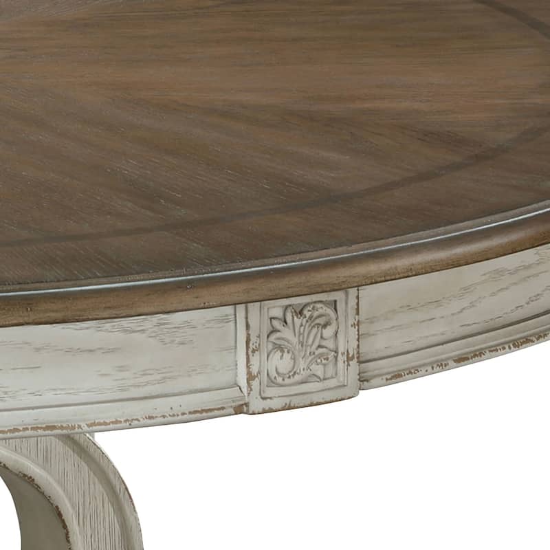 Dual Tone Round Wooden Dining Table with Pedestal Base, Antique White