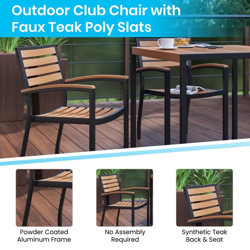 4 Faux Teak Accented Club Chairs and 30" Square Faux Teak Patio Table Set