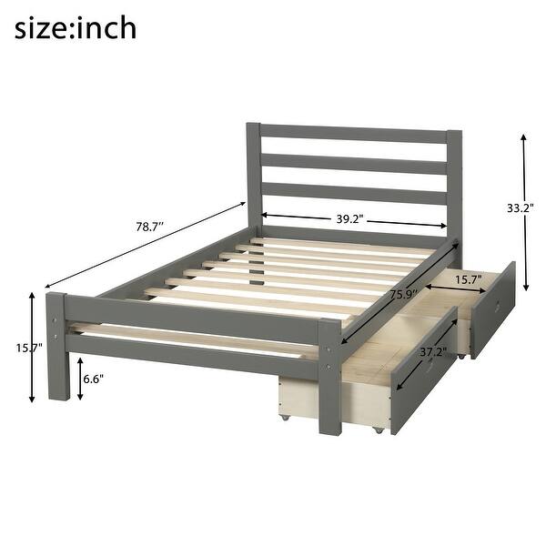 dimension image slide 1 of 2, Twin Wood Platform Kids Bed with 2-Drawers, Durable White Finish, Solid Wood Frame, Headboard & Footboard, Easy Assembly, Grey