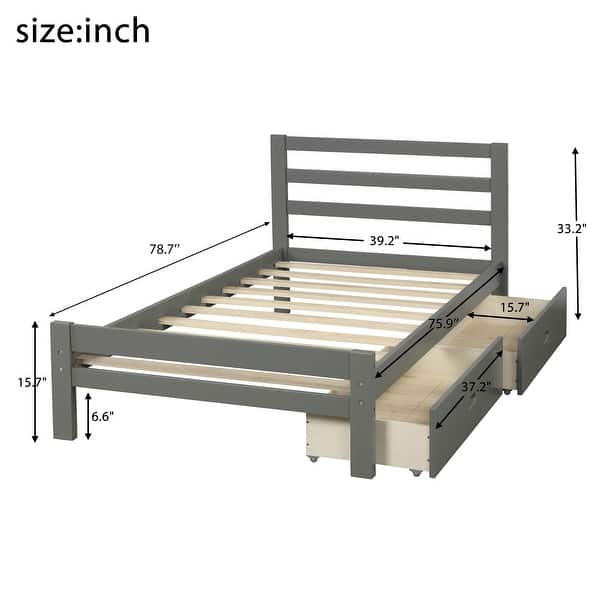 dimension image slide 1 of 4, Wooden Platform Bed Frame with 2 Drawers & Headboard, Twin/Full Size