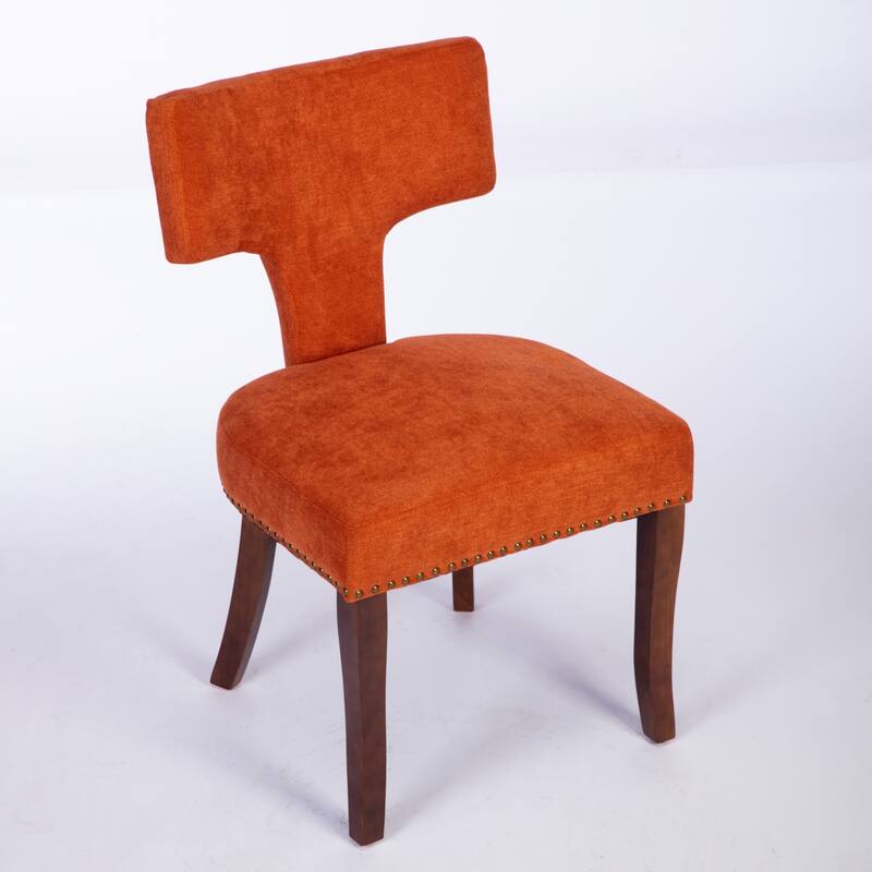 Modern Dining Chairs Set of 2, Linen Fabric Upholstered Accent Chair Curved Backrest with Copper Nails Around