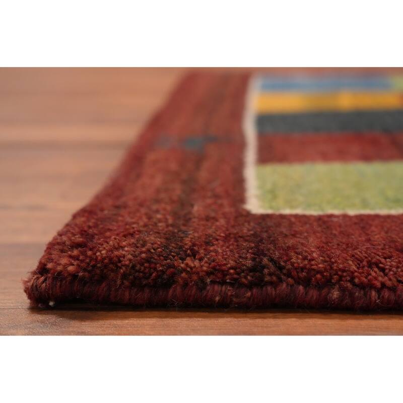 Hand Knotted Oriental 100% Wool Carpet Modern Checkered Multi-Colored Gabbeh Runner Rug - 4' 8'' X 2' 4''