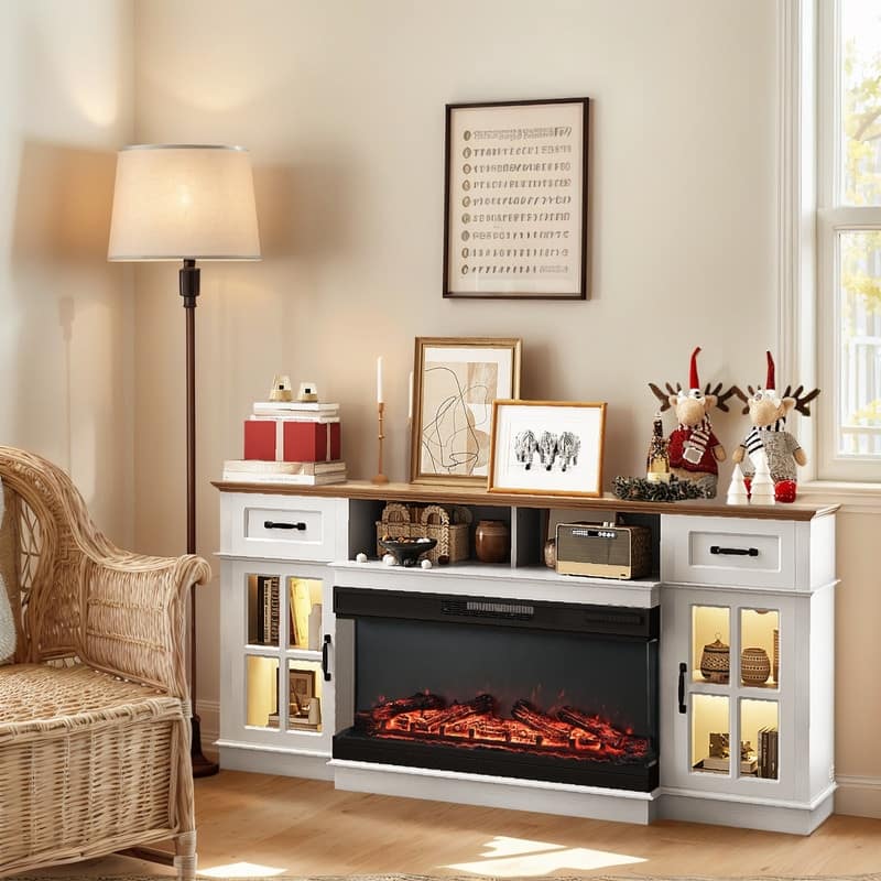 Farmhouse 70'' TV Stand For Tvs Up To 80'' With Electric Fireplace and Adjustable Shelves