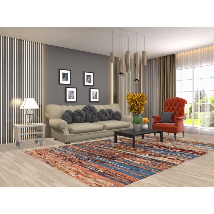 Moroccan Oriental Area Rug Handmade Stripe Wool Carpet - 6'4" x 9'6"